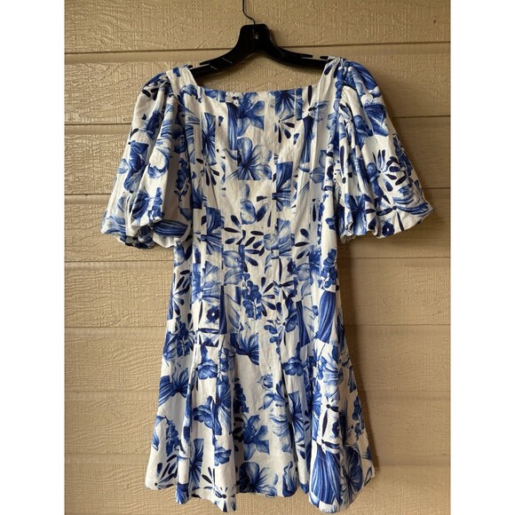 Caroline Constas womens Linen Short Mini Dress size 6 White & Blue Floral Button - Picture 6 of 9